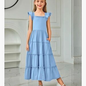 Blue Tiered Sundress with Square Neck and Flutter Sleeves